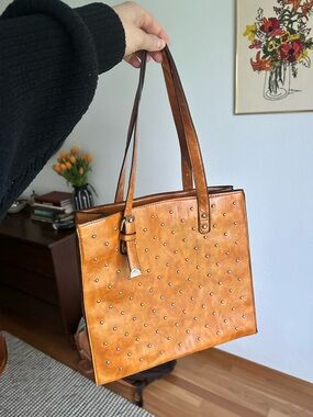 Studded Tan Leather Tote Bag - Women's Shoulder Bag